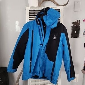 Spyder Ski Jacket Kids Boys Youth Large 14/16 Blue Black Full Zip Winter Coat
